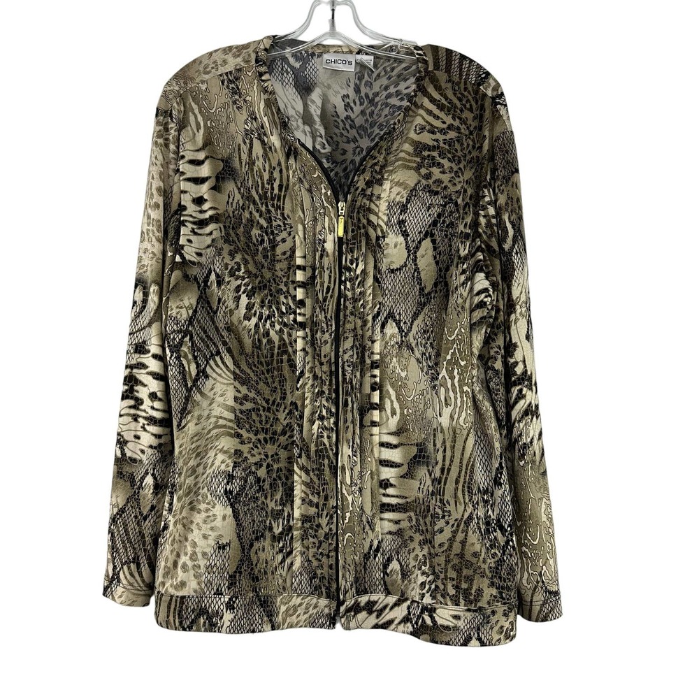 Chicos Full Zip Jacket Size 3 US XL Beige Snakeskin Print Slinky Long Sleeve USA